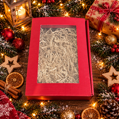Geschenkkarton Rot · mit Sichtfenster & SizzlePak Beige